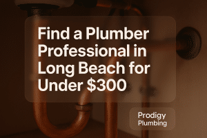 Typography design with bold text stating 'Find a Plumber Professional in Long Beach for Under $300' by Prodigy Plumbing.