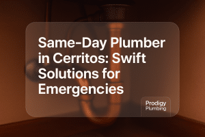 Bold typography design featuring 'Same-Day Plumber in Cerritos: Swift Solutions for Emergencies'. Prodigy Plumbing branding at the corner.
