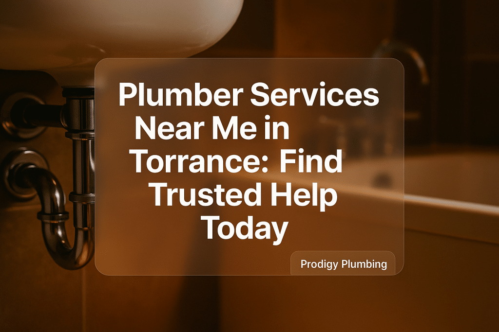 Clean typography design with 'Plumber Services Near Me in Torrance' for Prodigy Plumbing, featuring a muted plumbing-related background.