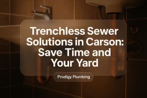 Typography design for Prodigy Plumbing featuring bold text about trenchless sewer solutions, emphasizing readability and professionalism.