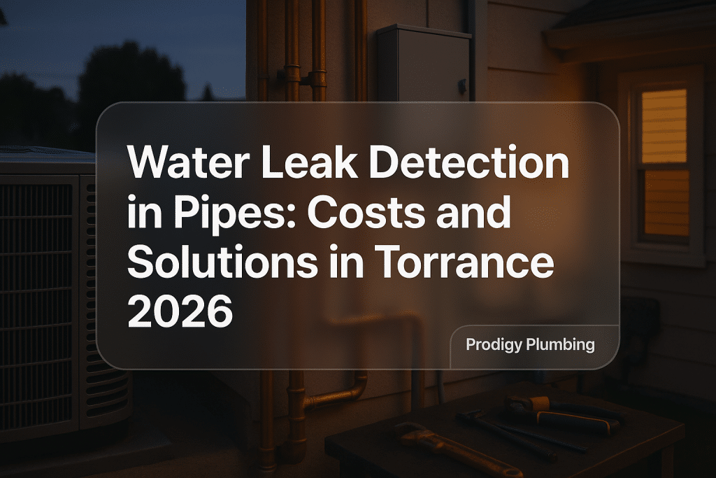 Bold text design for 'Water Leak Detection in Pipes: Costs and Solutions in Torrance 2026' by Prodigy Plumbing.