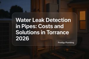 Bold text design for 'Water Leak Detection in Pipes: Costs and Solutions in Torrance 2026' by Prodigy Plumbing.