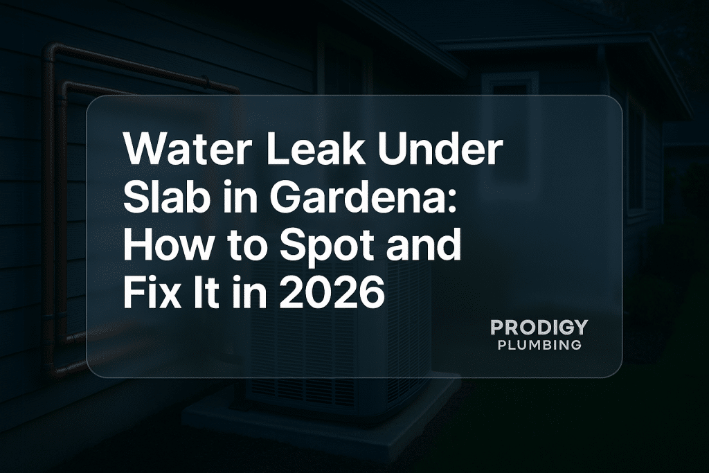 Bold typography design for water leak under slab topic by Prodigy Plumbing. Clean and readable layout.