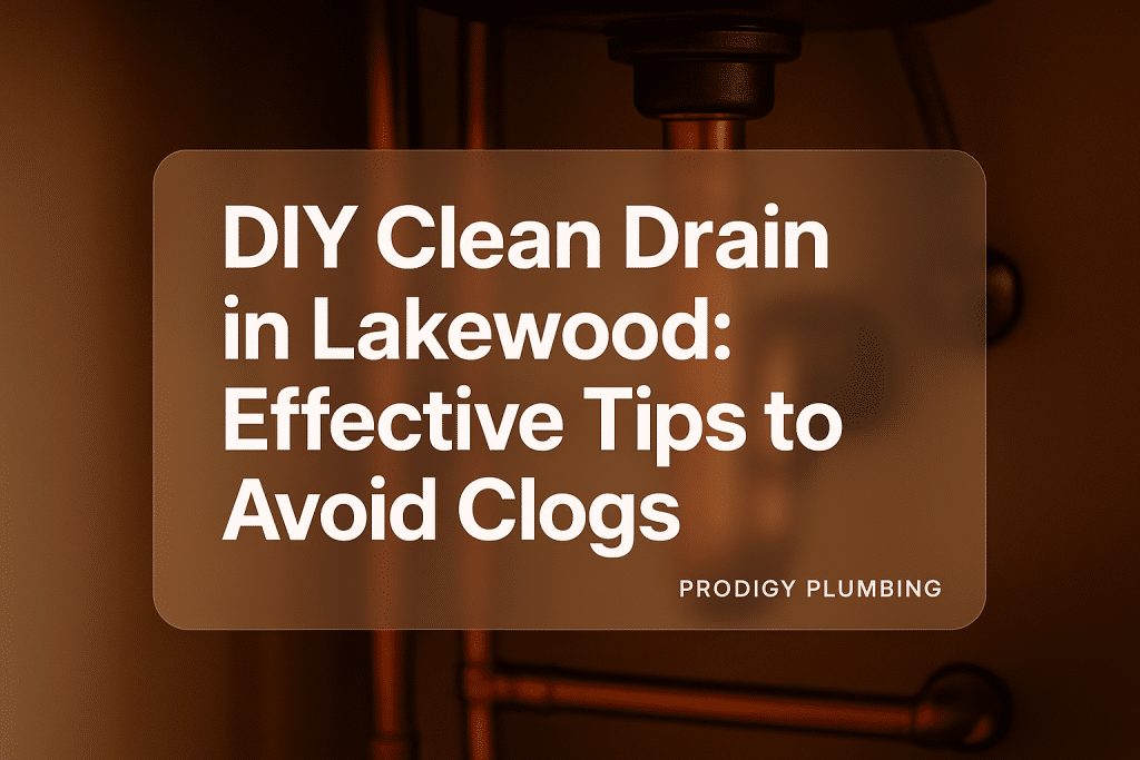 Typography design with bold text 'DIY Clean Drain in Lakewood' for Prodigy Plumbing, focusing on DIY clean drain tips.