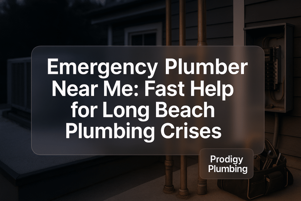 Bold typography design featuring 'Emergency Plumber Near Me' by Prodigy Plumbing. Clean plumbing theme.