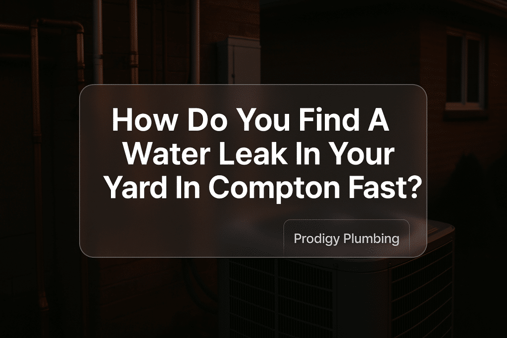 Clean, modern typography headline about finding a water leak in your yard by Prodigy Plumbing.