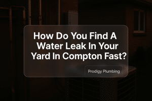 Clean, modern typography headline about finding a water leak in your yard by Prodigy Plumbing.