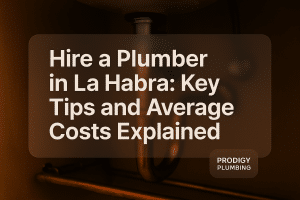 Bold typography design saying 'Hire a Plumber in La Habra: Key Tips and Average Costs Explained' by Prodigy Plumbing.
