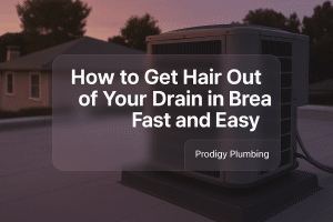 Bold typography design for Prodigy Plumbing's blog post on how to get hair out of drain in Brea.