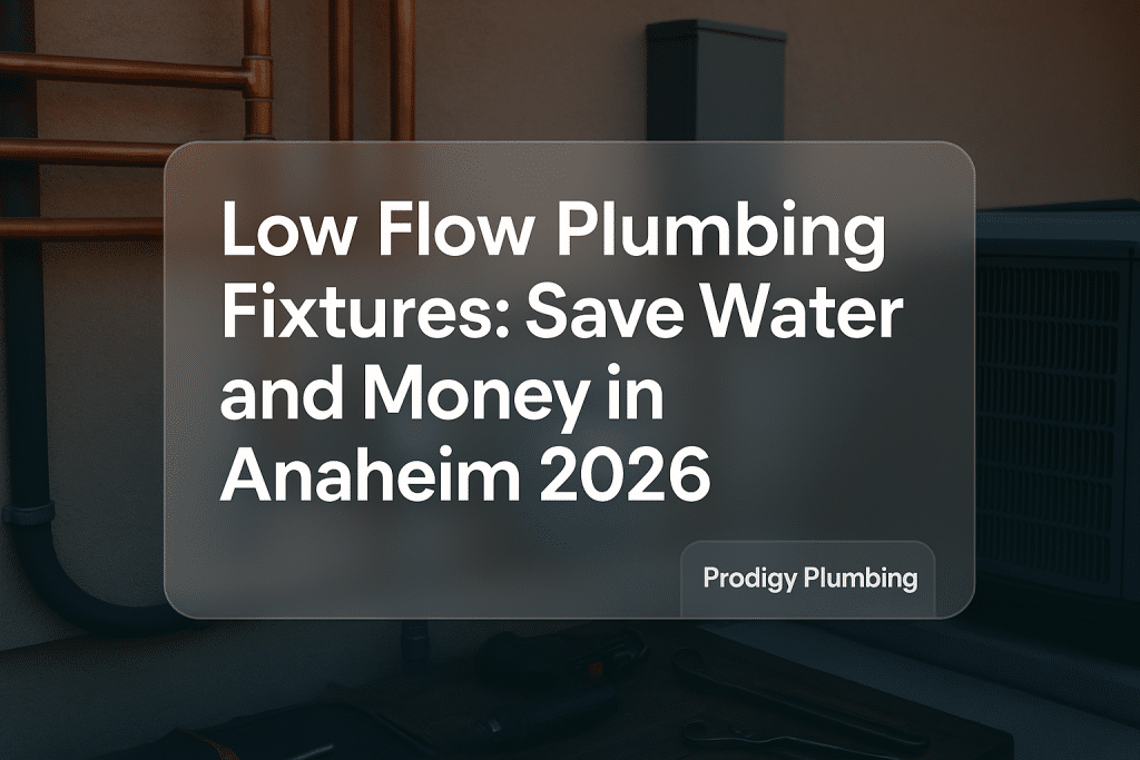 Clean typography design for low flow plumbing fixtures blog by Prodigy Plumbing with warm colors.