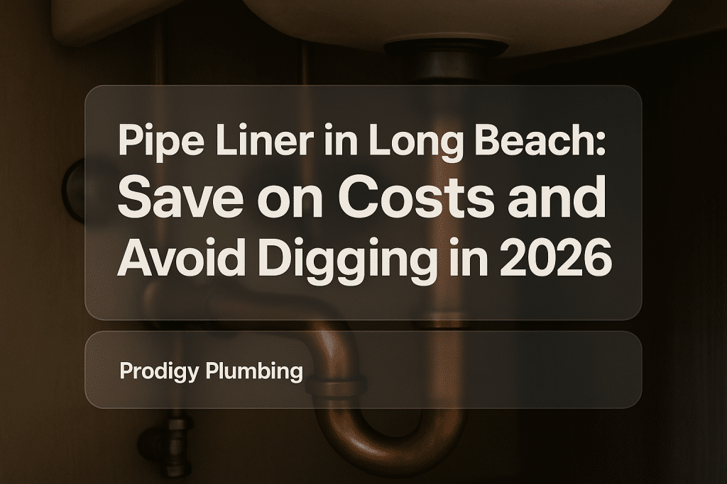 Clean typography design featuring 'Pipe Liner in Long Beach' with Prodigy Plumbing branding in the corner.