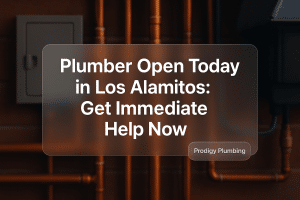 Bold typography design with title 'Plumber Open Today in Los Alamitos: Get Immediate Help Now' by Prodigy Plumbing.