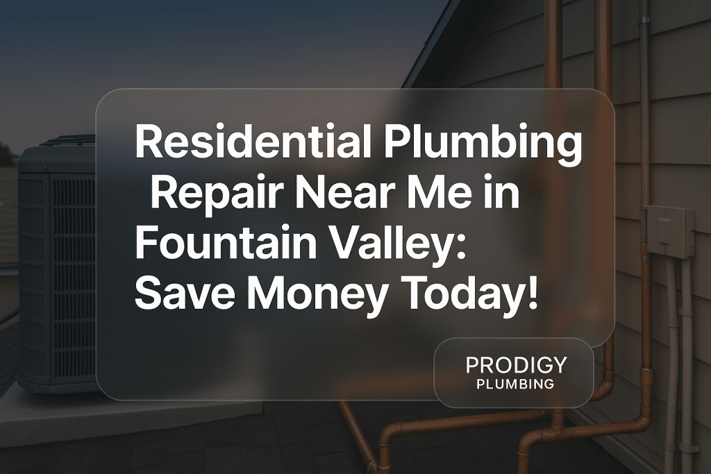 Clean typography design for residential plumbing repair near me, by Prodigy Plumbing with bold modern text.