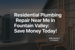 Clean typography design for residential plumbing repair near me, by Prodigy Plumbing with bold modern text.