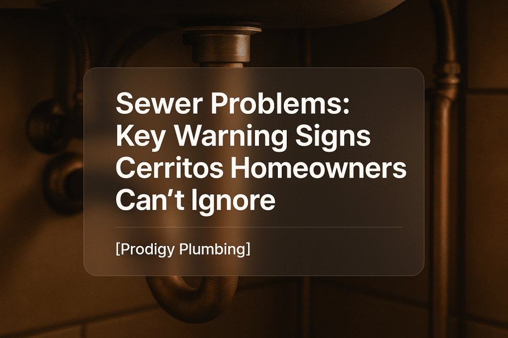 Clean typography design for 'Sewer Problems: Key Warning Signs Cerritos Homeowners Can't Ignore' by Prodigy Plumbing, highlighting sewer problems.