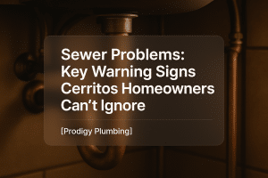 Clean typography design for 'Sewer Problems: Key Warning Signs Cerritos Homeowners Can't Ignore' by Prodigy Plumbing, highlighting sewer problems.