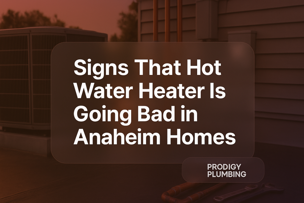 Clean typography design highlighting signs that hot water heater is going bad by Prodigy Plumbing.
