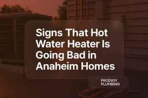 Clean typography design highlighting signs that hot water heater is going bad by Prodigy Plumbing.