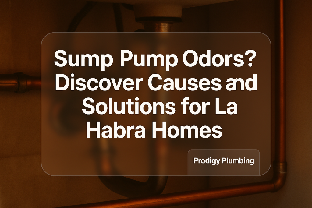 Typography design featuring 'Sump Pump Odors? Discover Causes and Solutions for La Habra Homes.' Designed for Prodigy Plumbing, focusing on sump pump odors.