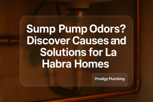 Typography design featuring 'Sump Pump Odors? Discover Causes and Solutions for La Habra Homes.' Designed for Prodigy Plumbing, focusing on sump pump odors.