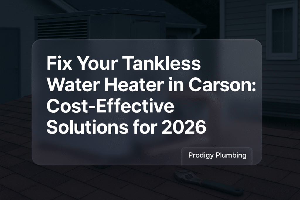 Bold text design for article about tankless water heater fix by Prodigy Plumbing in Carson.