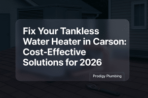 Bold text design for article about tankless water heater fix by Prodigy Plumbing in Carson.