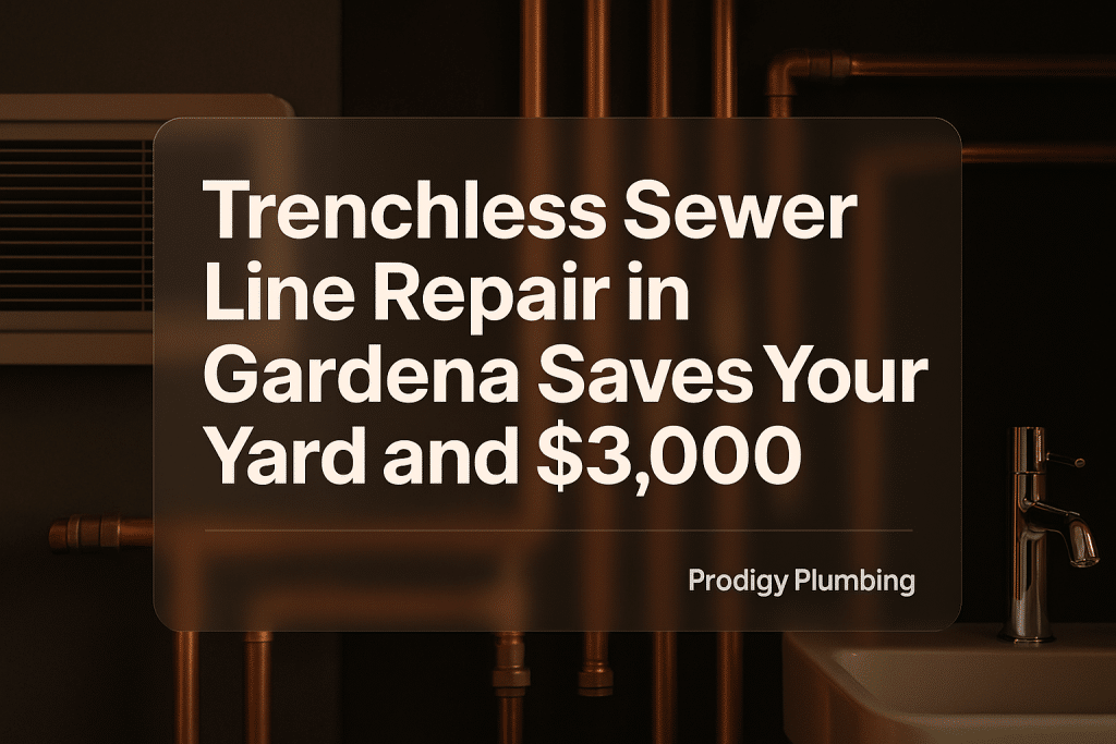 Bold typography design for 'Trenchless Sewer Line Repair in Gardena Saves Your Yard and $3,000' by Prodigy Plumbing, featuring a clean layout.