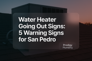 Clean modern typography design featuring 'Water Heater Going Out Signs: 5 Warning Signs for San Pedro'. Prodigy Plumbing.