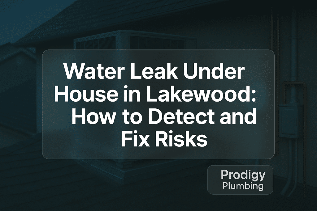 Bold typography design for 'Water Leak Under House in Lakewood' by Prodigy Plumbing, featuring a minimalistic layout.