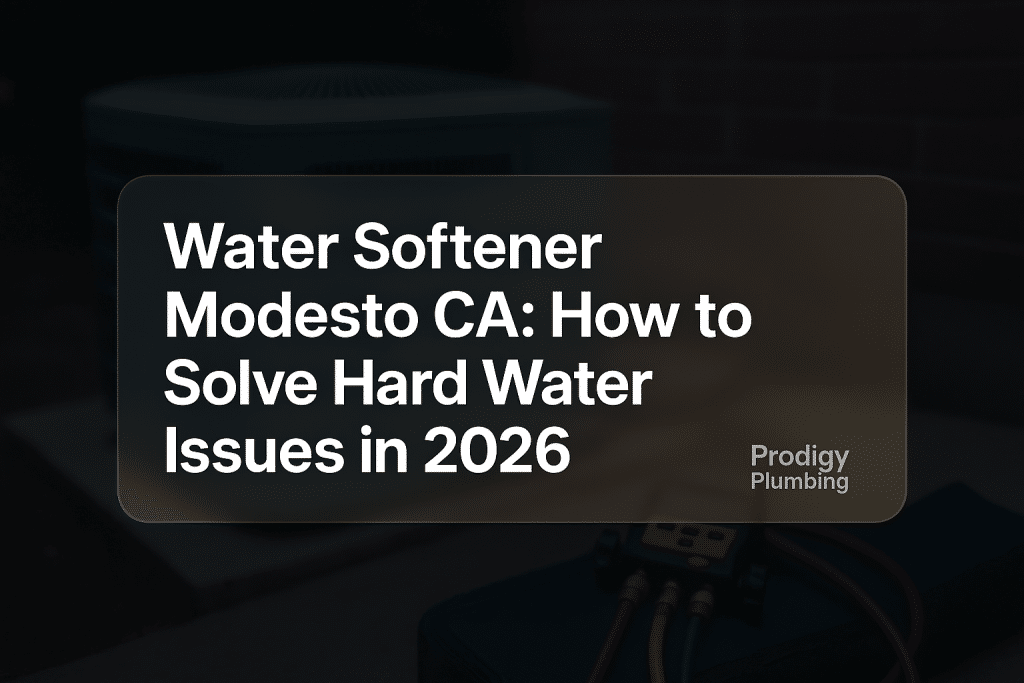 Clean typography design for 'Water Softener Modesto CA: How to Solve Hard Water Issues in 2026' by Prodigy Plumbing.
