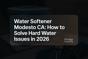 Clean typography design for 'Water Softener Modesto CA: How to Solve Hard Water Issues in 2026' by Prodigy Plumbing.