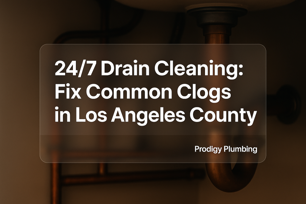 Clean typography design featuring '24/7 Drain Cleaning' by Prodigy Plumbing. Modern layout focused on drainage services.