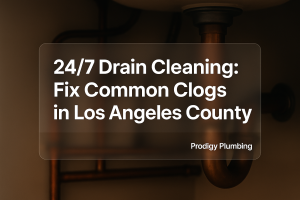 Clean typography design featuring '24/7 Drain Cleaning' by Prodigy Plumbing. Modern layout focused on drainage services.