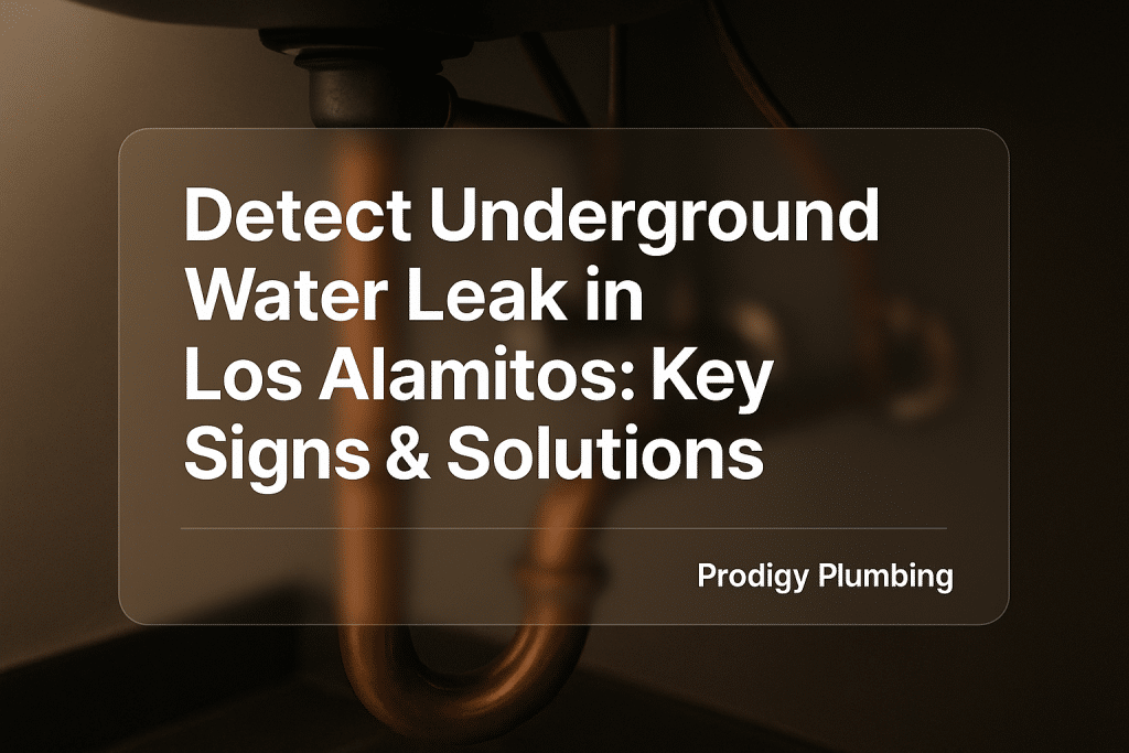 Typography design featuring 'Detect Underground Water Leak in Los Alamitos: Key Signs & Solutions' by Prodigy Plumbing, focused on plumbing solutions.