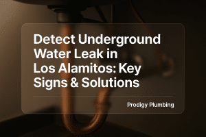 Typography design featuring 'Detect Underground Water Leak in Los Alamitos: Key Signs & Solutions' by Prodigy Plumbing, focused on plumbing solutions.