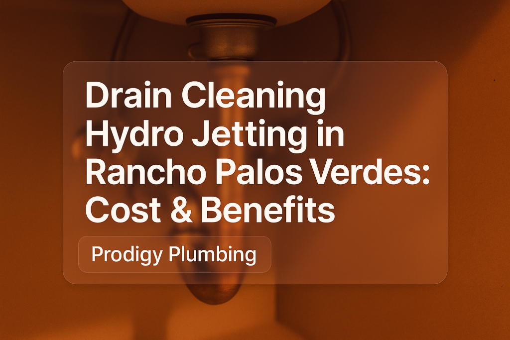 Clean typography design showcasing 'Drain Cleaning Hydro Jetting in Rancho Palos Verdes: Cost & Benefits' for Prodigy Plumbing.