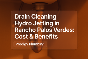 Clean typography design showcasing 'Drain Cleaning Hydro Jetting in Rancho Palos Verdes: Cost & Benefits' for Prodigy Plumbing.