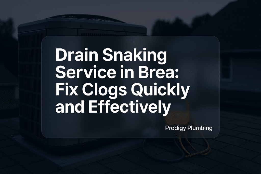 Clean typography design featuring 'Drain Snaking Service in Brea: Fix Clogs Quickly and Effectively'. Prodigy Plumbing branding.