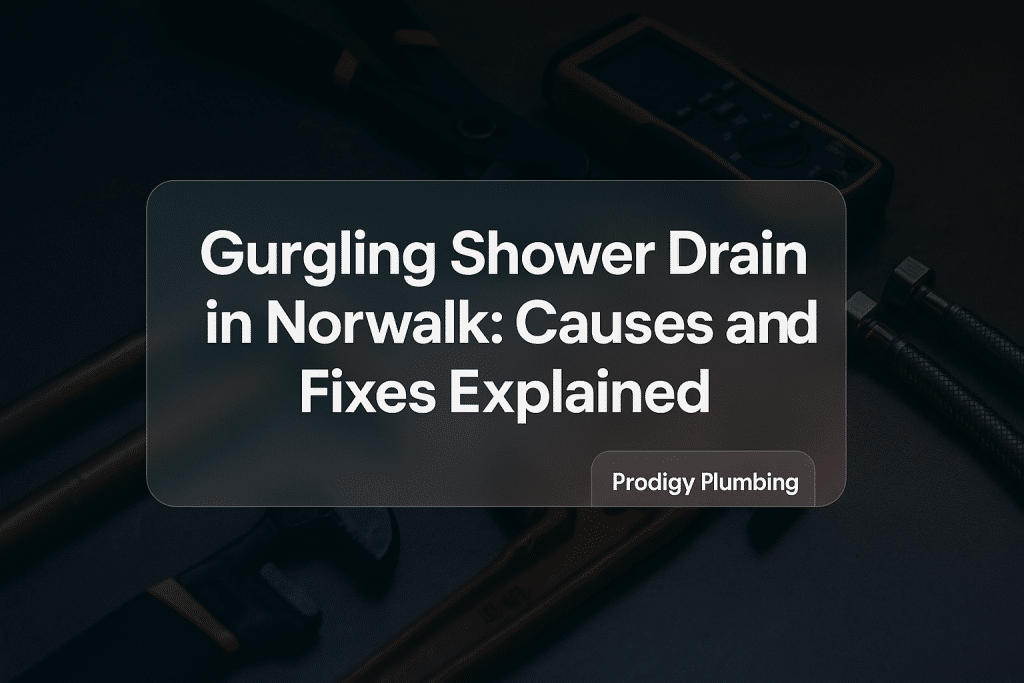Clean typography design for Prodigy Plumbing's gurgling shower drain blog, showing title in bold.