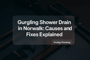 Clean typography design for Prodigy Plumbing's gurgling shower drain blog, showing title in bold.