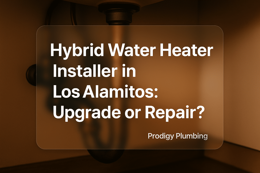 Clean typography design for 'Hybrid Water Heater Installer in Los Alamitos: Upgrade or Repair?' by Prodigy Plumbing highlighting hybrid water heater installer.