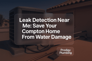 Bold typography design featuring text 'Leak Detection Near Me: Save Your Compton Home From Water Damage' by Prodigy Plumbing.