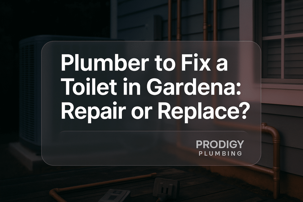 Modern design featuring bold text 'Plumber to Fix a Toilet in Gardena: Repair or Replace?' by Prodigy Plumbing.
