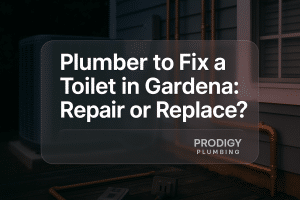 Modern design featuring bold text 'Plumber to Fix a Toilet in Gardena: Repair or Replace?' by Prodigy Plumbing.