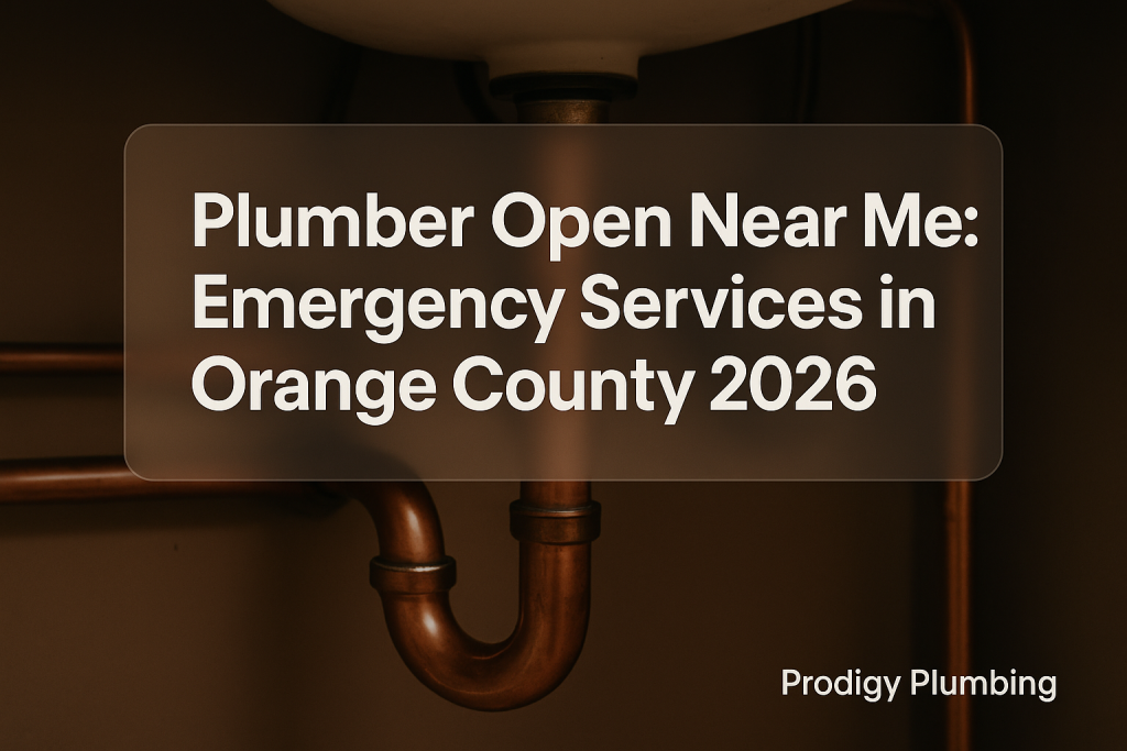 Bold typography design for 'Plumber Open Near Me: Emergency Services in Orange County 2026' by Prodigy Plumbing with plumbing theme.