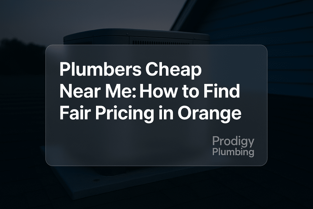 Bold typography design for 'Plumbers Cheap Near Me' by Prodigy Plumbing, highlighting modern plumbing solutions.
