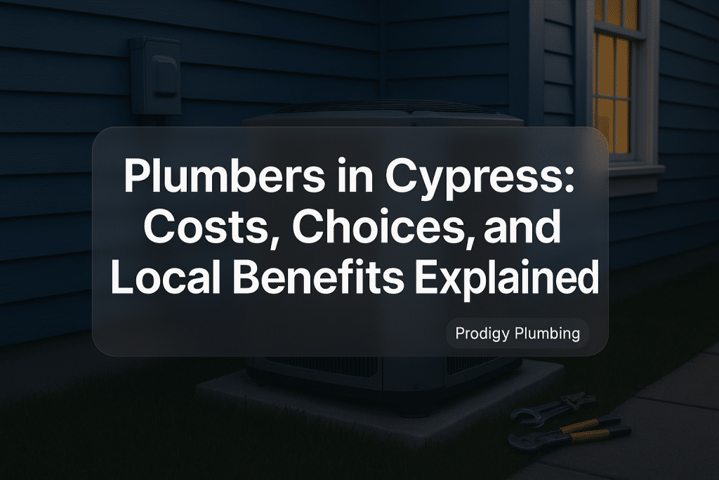 Graphic design features bold text for 'Plumbers in Cypress: Costs, Choices, and Local Benefits Explained' by Prodigy Plumbing.