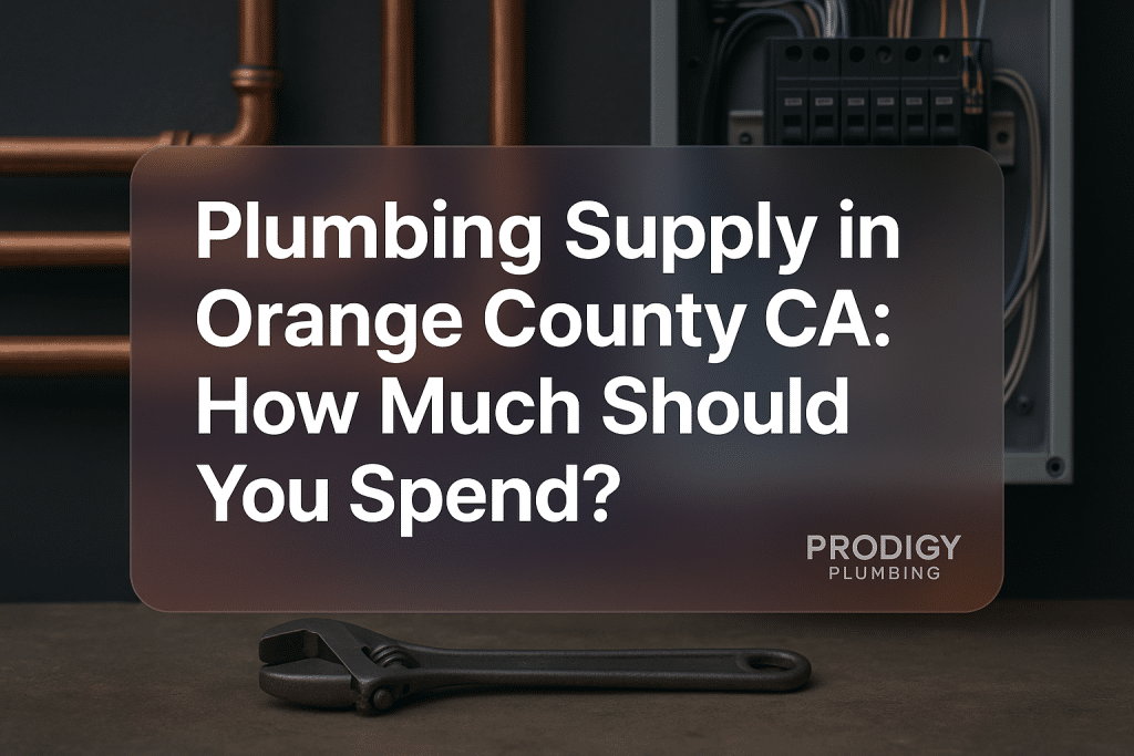 Bold text design for plumbing supply in orange county ca. Company: Prodigy Plumbing.
