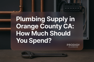 Bold text design for plumbing supply in orange county ca. Company: Prodigy Plumbing.