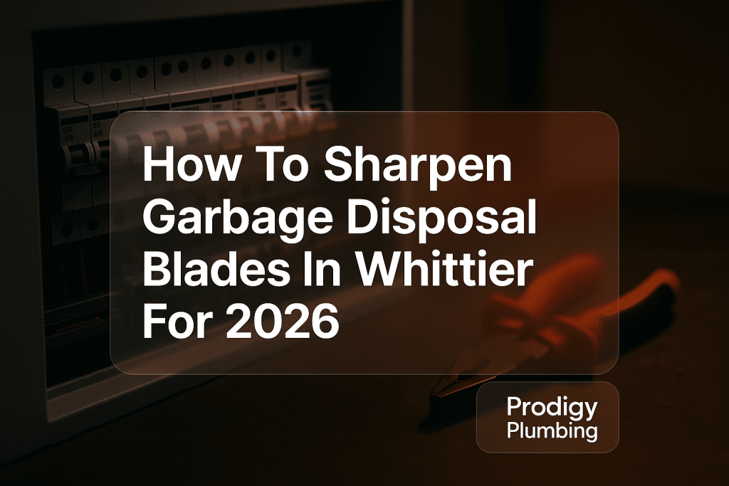 Bold typography design for 'How To Sharpen Garbage Disposal Blades In Whittier For 2026' by Prodigy Plumbing.